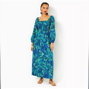 Lilly Pulitzer NWOT Blue and Green Leaf Lakira Print Maxi Dress Large